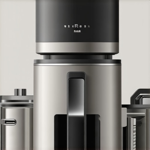 High-tech professional mixer with digital interface and attachments in a modern kitchen.