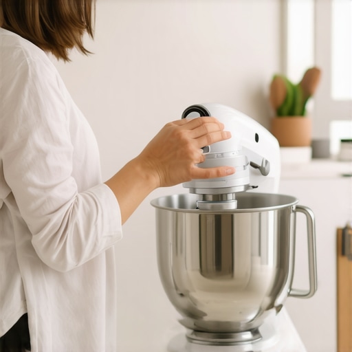 Person selecting a versatile kitchen mixer with attachments in a cozy home kitchen