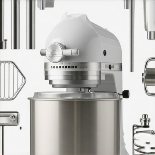 Close-up of a professional stand mixer with attachments in a modern kitchen.