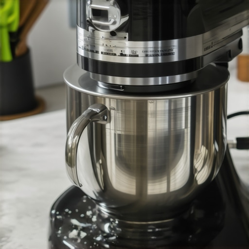 Close-up of a stand mixer with dough hook attachment in a modern kitchen