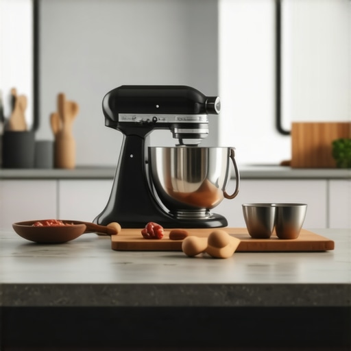 Modern kitchen featuring a sleek stand mixer and baking accessories.
