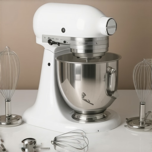 Stand mixer with attachments and a hand mixer with whisks on a kitchen counter