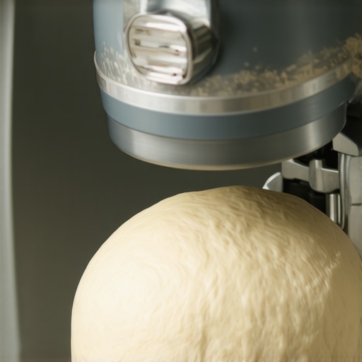 Close-up of a modern stand mixer kneading dough with a dough hook attachment.