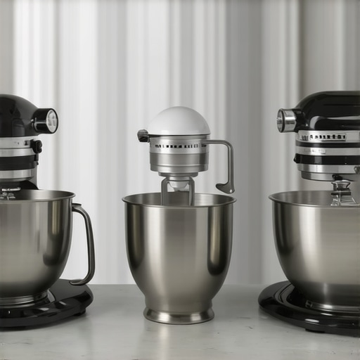 Person comparing stand and hand mixers in a kitchen setting.