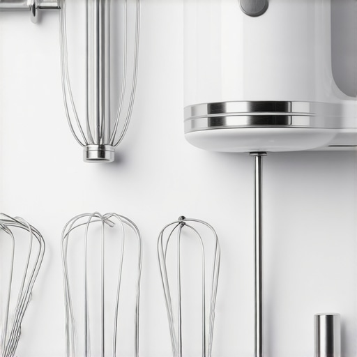 A variety of mixer attachments including whisk and dough hook laid out on a kitchen counter