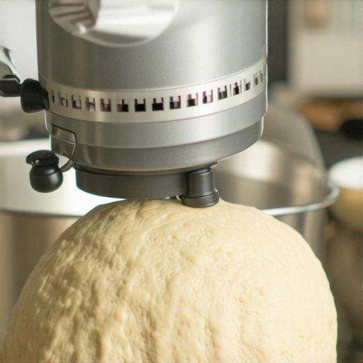 A stand mixer kneading dough with a powerful motor and sturdy attachment