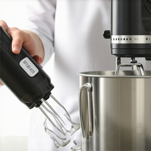 Person comparing hand mixer and stand mixer in a kitchen