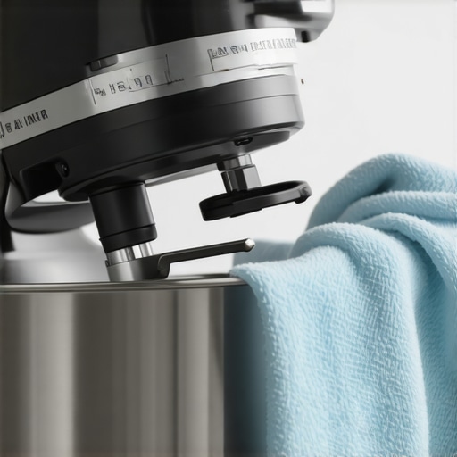 Person cleaning a stand mixer in a modern kitchen.