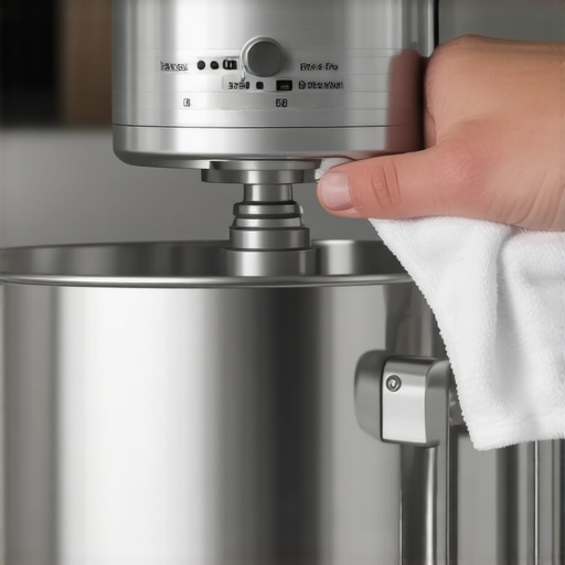 Person cleaning a stand mixer to ensure long-term performance.