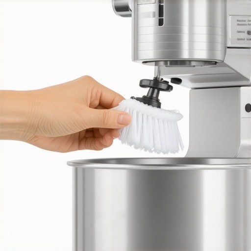 Person cleaning a stand mixer with a brush, emphasizing proper maintenance