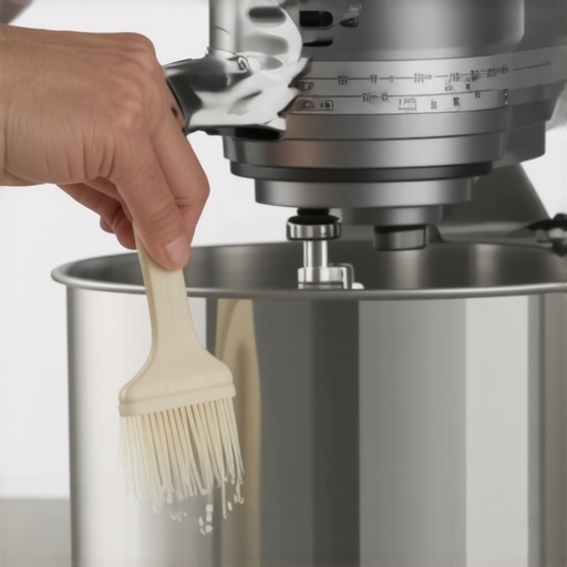 Person cleaning a mixer attachment with a brush in a well-organized kitchen.