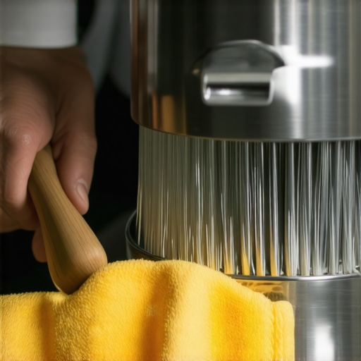 Person cleaning a stand mixer with brushes and cloth in a well-lit kitchen