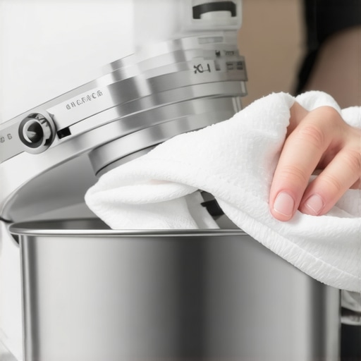 Person cleaning a stand mixer with a microfiber cloth, emphasizing proper maintenance.