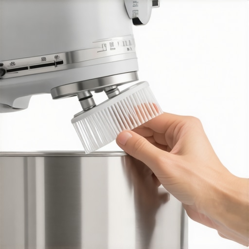 Person cleaning a stand mixer with a brush, emphasizing maintenance tools for long-term use.