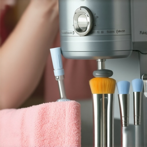 Person cleaning stand mixer with microfiber cloth and brushes, emphasizing maintenance tools.