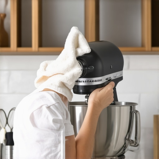 Person cleaning a stand mixer with a microfiber cloth in a kitchen setting.
