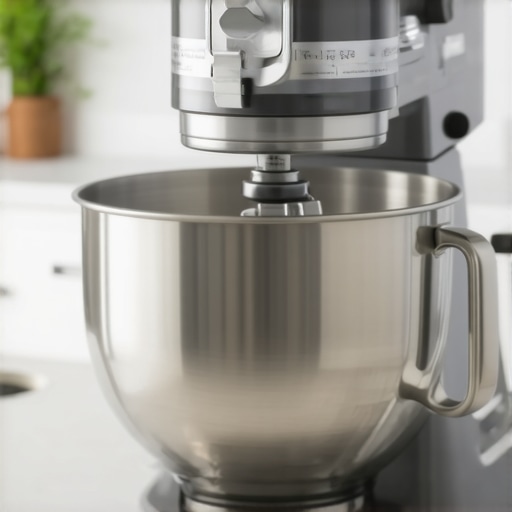A shiny, clean stand mixer with removable beaters and dough hooks, ready for use.