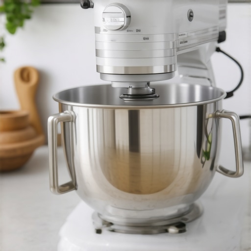 A clean and organized stand mixer with shiny attachments ready for baking.