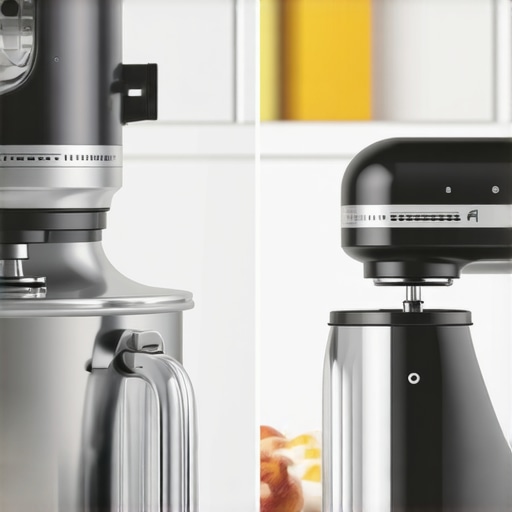 A comparison image showing a stand mixer and a hand mixer on a kitchen countertop with baking ingredients.