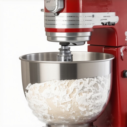 Close-up of stand mixer with dough and attachments