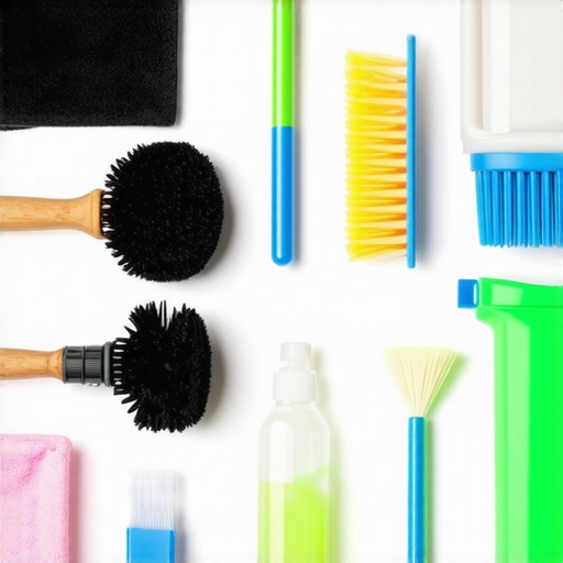 A collection of cleaning brushes, microfiber cloths, and food-safe lubricants for maintaining kitchen mixers.