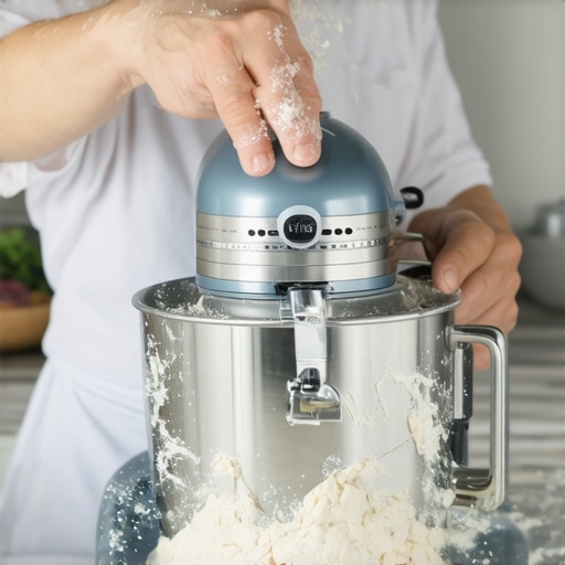 Person kneading dough with a stand mixer in a contemporary kitchen.