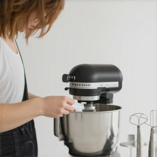Person attaching whisk to stand mixer in kitchen