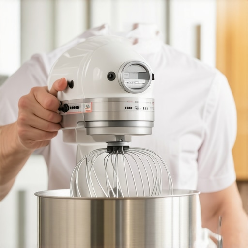 Baker using stand mixer with silicon-edged whisk attachment for perfect batter