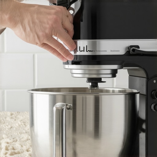 Close-up of a person attaching a dough hook to a stand mixer in a modern kitchen.
