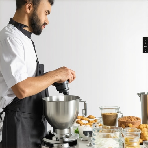 A baker attaching beaters to a stand mixer in a kitchen