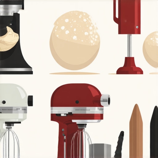 A collection of stand and hand mixers with attachments in a kitchen setting, showing various dough and batter textures.