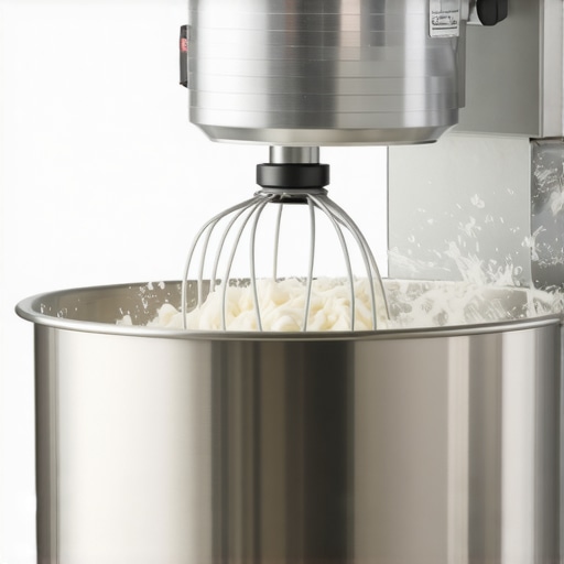 A high-quality stand mixer with dough hook blending dough in a tidy kitchen.