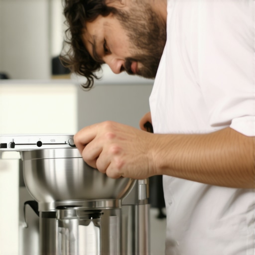 A professional baker adjusting a high-end stand mixer in a stylish kitchen.