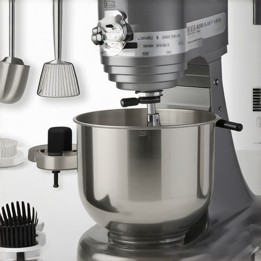 A well-organized kitchen workspace with stand mixer and cleaning accessories.