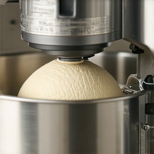 Close-up of a stand mixer kneading dough using a dough hook in a modern kitchen.
