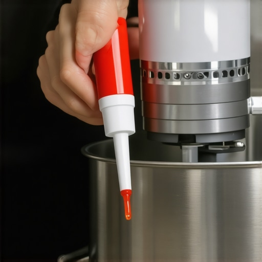 Person applying lubricants to a stand mixer gear to ensure smooth operation and long-term durability.