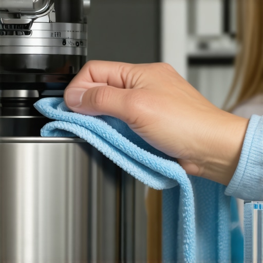 A hand wiping a stand mixer with a microfiber cloth, focusing on regular cleaning and care.
