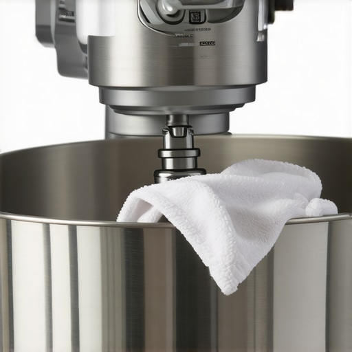 Person cleaning a stand mixer in a modern kitchen