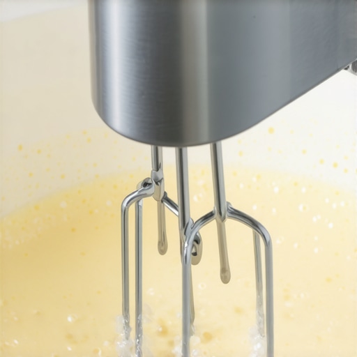 Hand mixer with beaters mixing batter in a bowl.