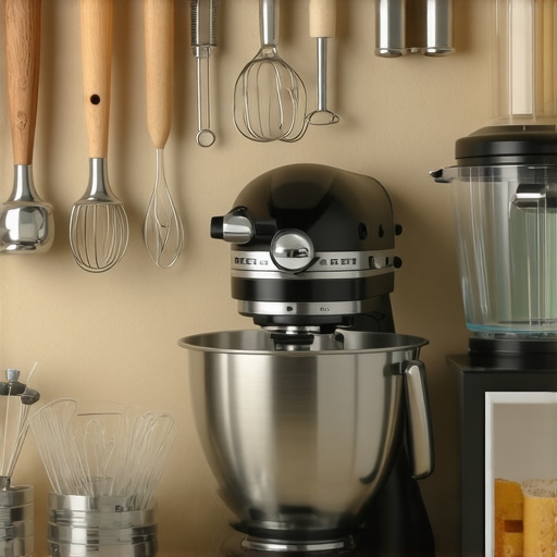 A clean kitchen counter with a mixer and baking tools prepared for baking.