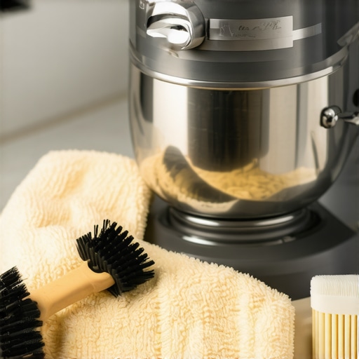 Person cleaning stand mixer with brushes and cloth for maintenance