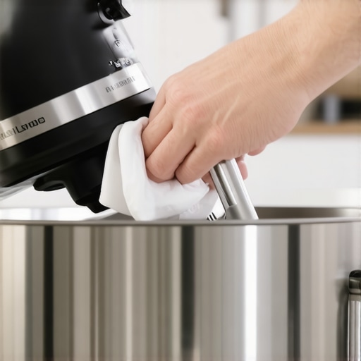Person wiping a mixer attachment with a cloth in a modern kitchen