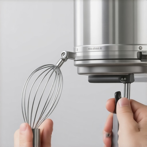 Person straightening a bent stainless steel whisk with pliers for a stand mixer.