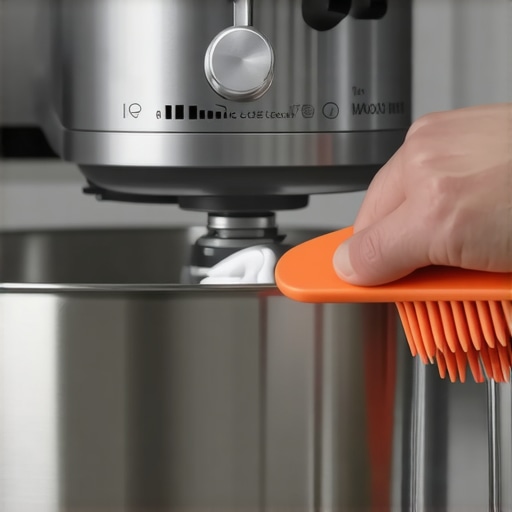 Person cleaning stand mixer with brush and spatula for optimal performance