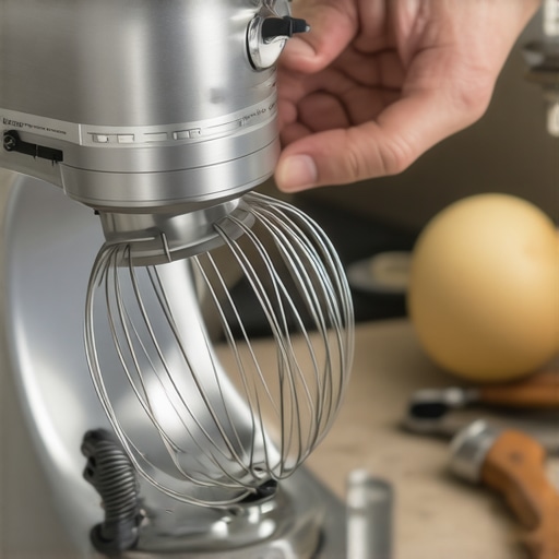 Close-up of tightening whisk attachment on mixer with repair tools on kitchen counter.