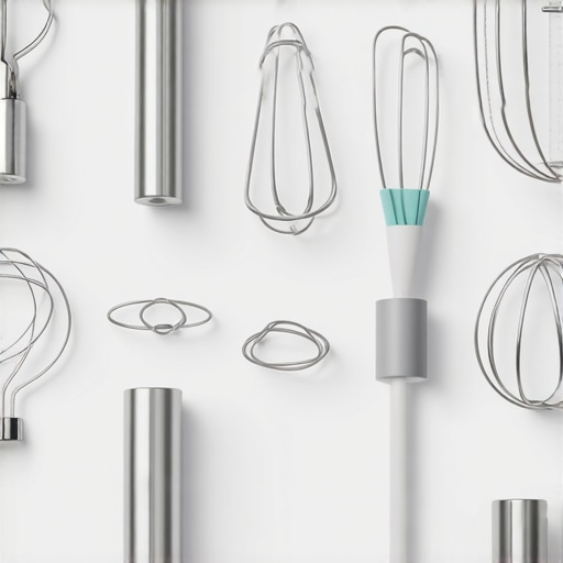 Different mixer attachments including dough hook and whisk laid out on a kitchen counter.