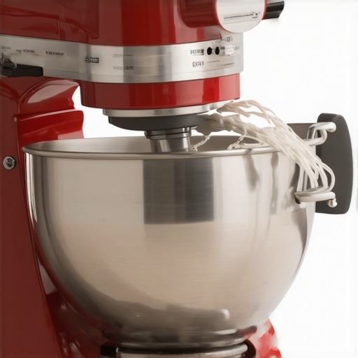 A stand mixer with paddle and dough hook attached, kneading dough in a kitchen countertop.