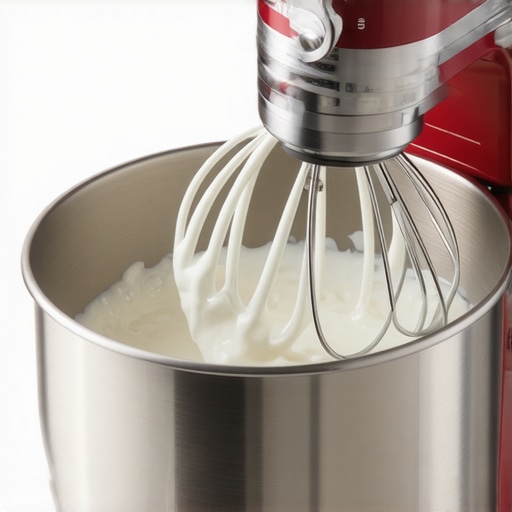 A shiny wire whisk attachment whipping cream in a stainless steel bowl