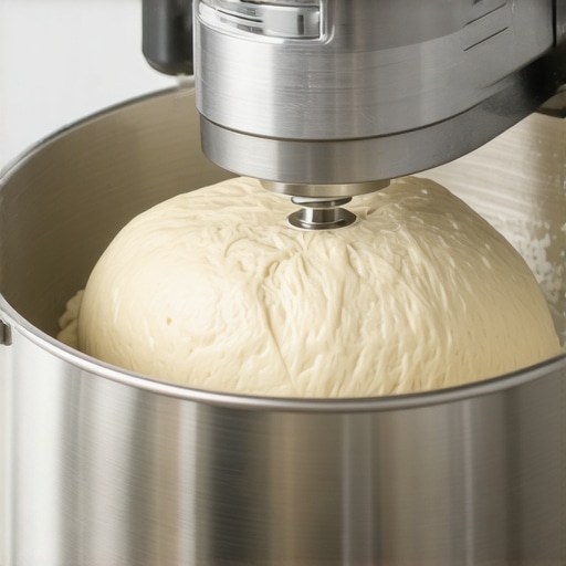 Close-up view of a sturdy stand mixer with metal dough hook processing dense dough