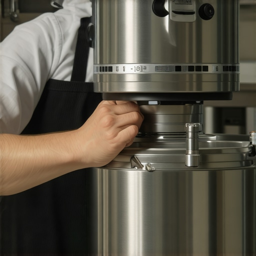 A professional kitchen with a stand mixer and various baking attachments.